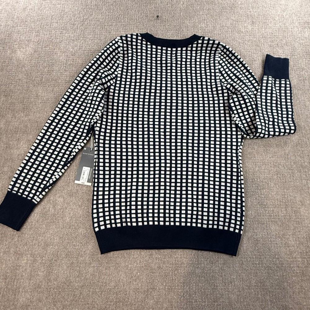 Worthington Womens Navy White Grid V-Neck Knit Sweater Long Sleeve Size M NEW - Picture 7 of 8